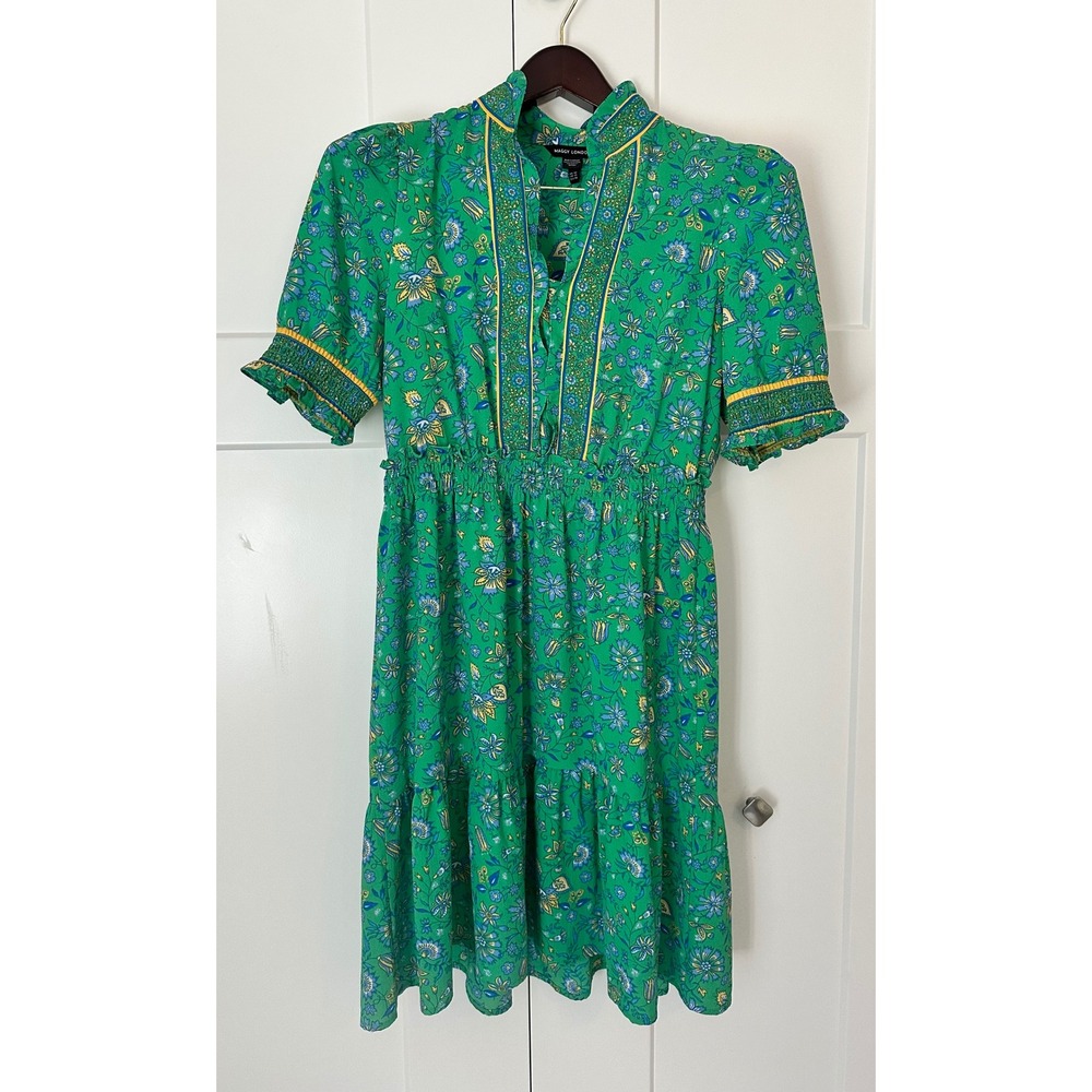 Maggy London Green Floral Smocked Waist Ruffle Tiered Dress Womens Size 10